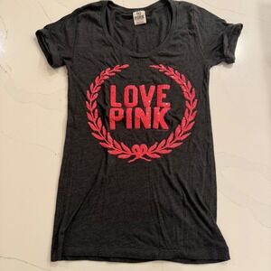 Victoria's Secret Pink Love Pink Sequin Graphic Tee‎ T Shirt Women's XS Charcoal